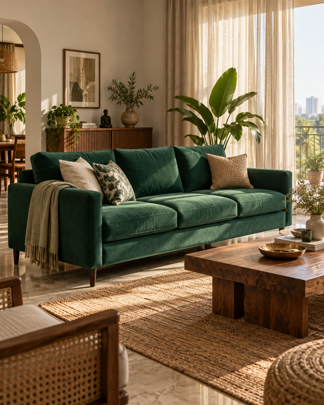 Design inspiration: an emerald sofa with soft curtains in a sunlit living room